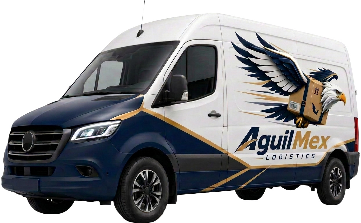 Camioneta de reparto AguilMex rotulada con el logotipo del águila
