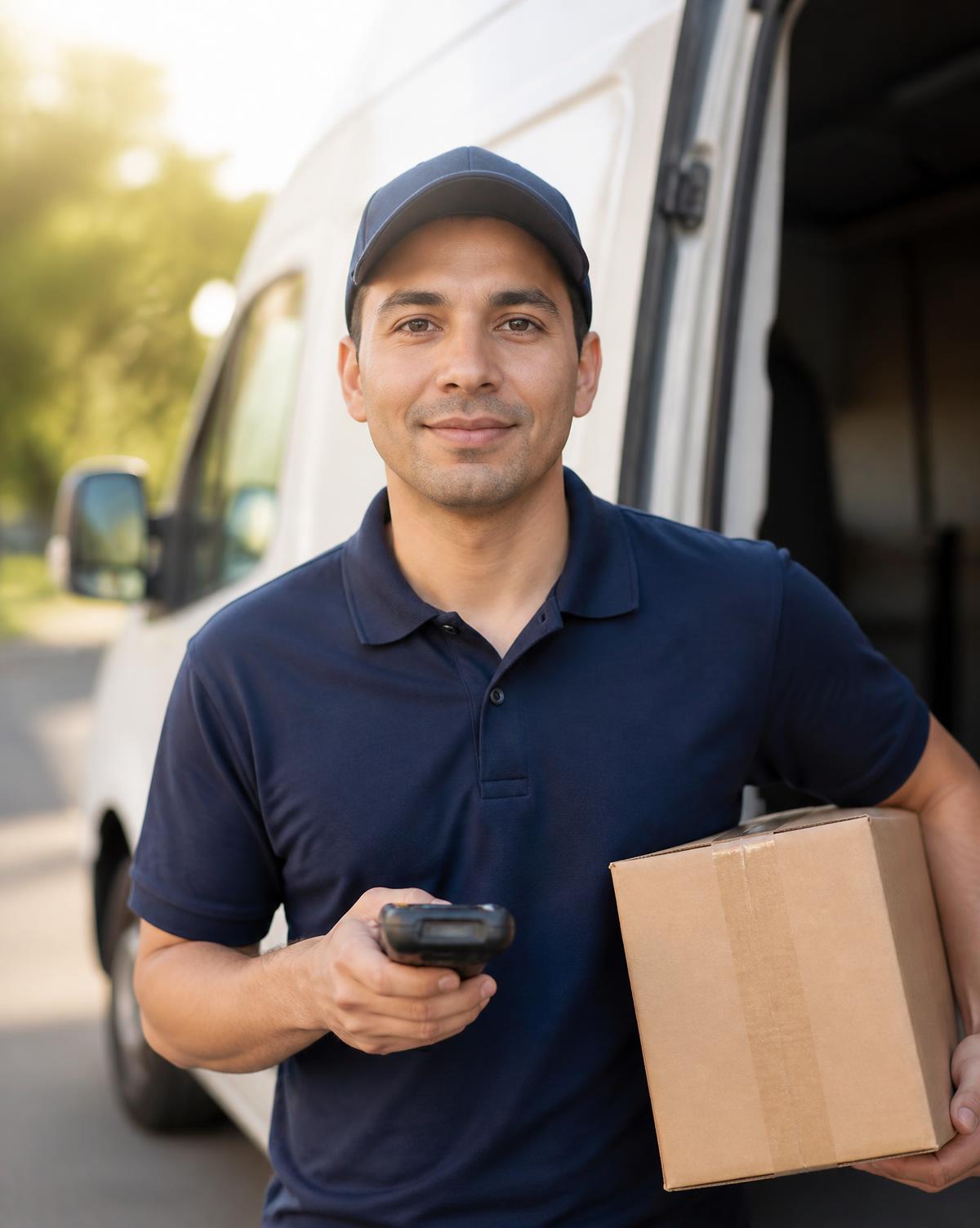 Conductor de reparto con uniforme junto a una unidad de carga